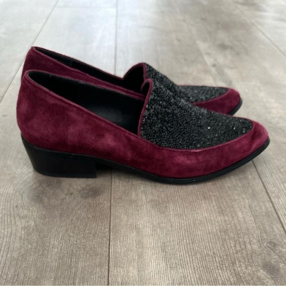 Tracy Reese Womens Size 8.5 Burgundy Suede Glitter Jewel Front Loafers
